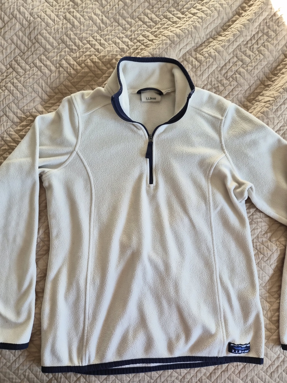 L.L. Bean Women's XS Cream Fleece Half-Zip with Navy Trim